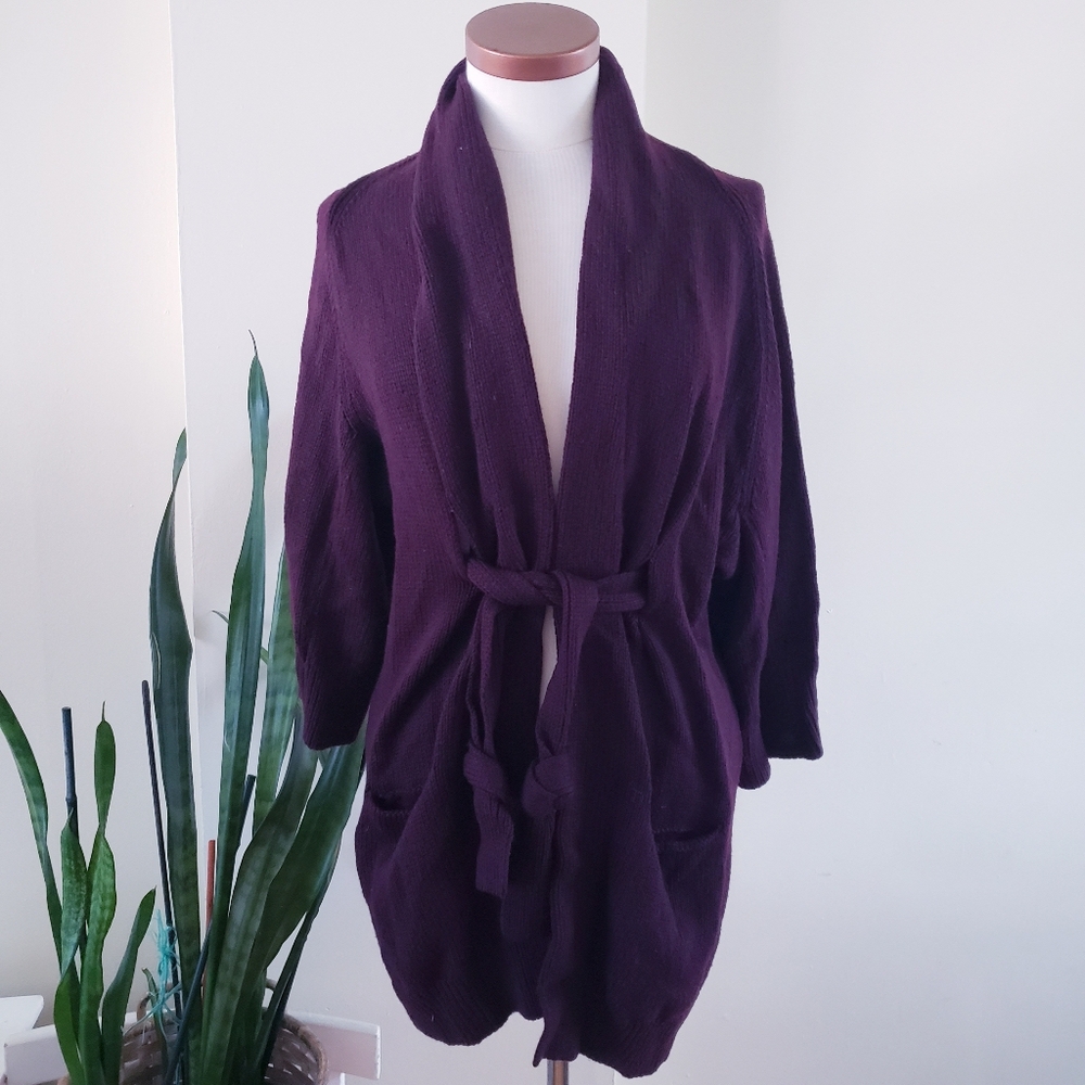 VINCE Knit Wool Blend Open Wrap Long Line Cardigan - Burgundy M